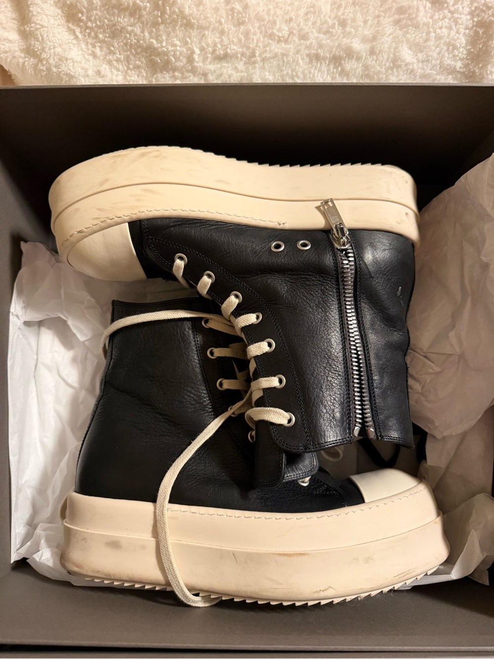 Rick Owen’s Black Leather High-Top Platform Sneakers with Cream Soles